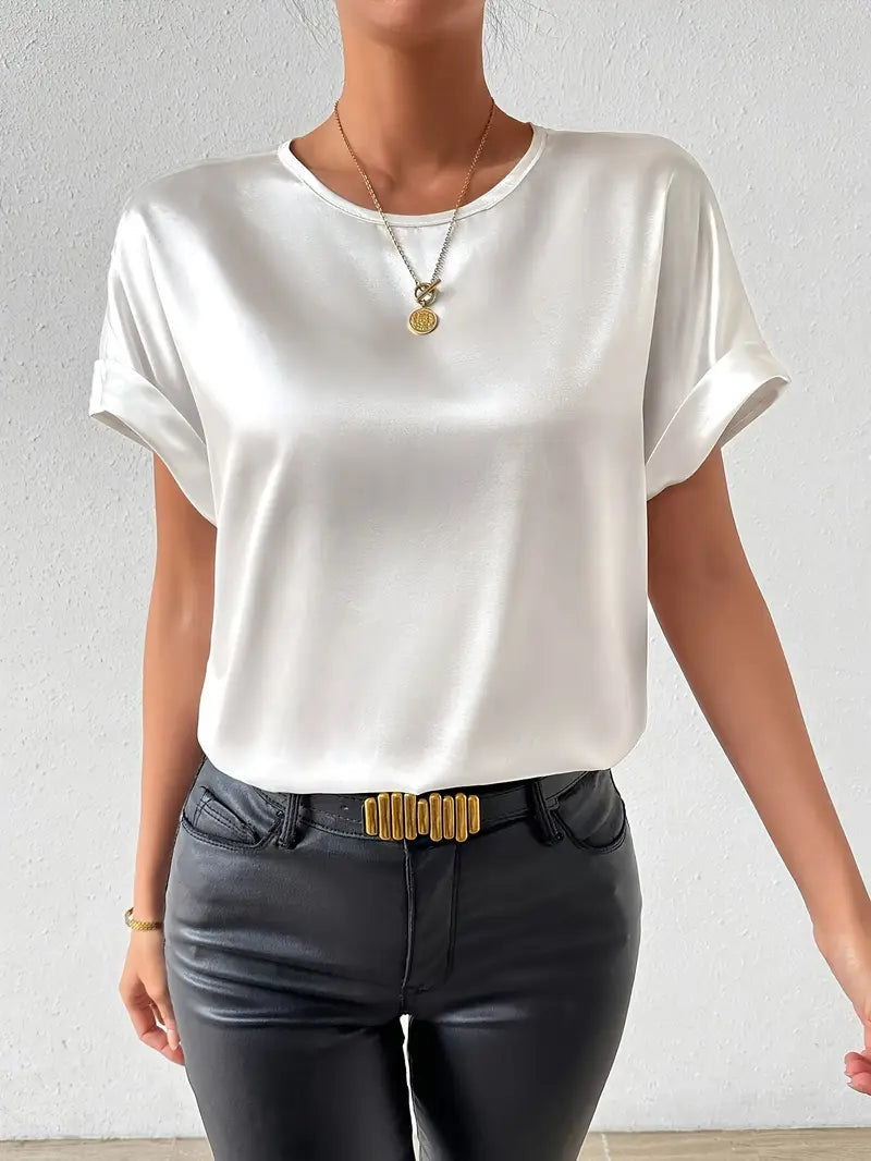 Caroline - Satin T-Shirt with turned-up sleeves for women
