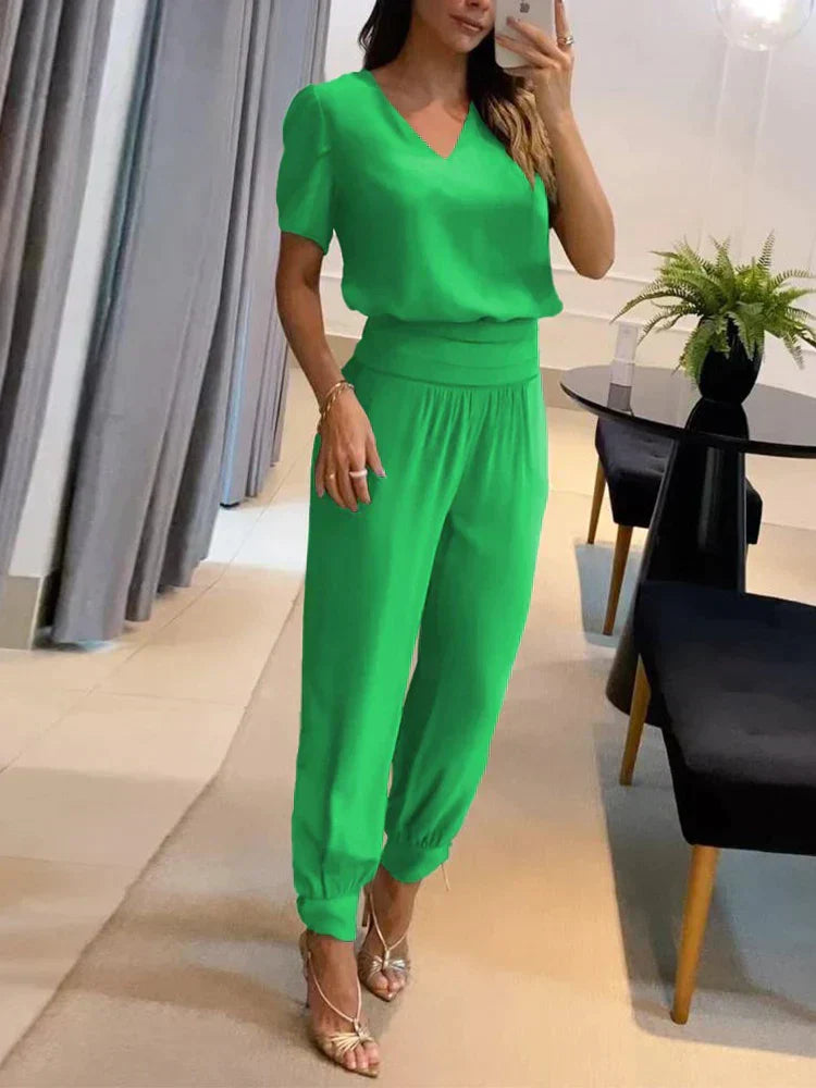 Two-Piece Set with V-Neck Top and Shorts for Women | Formal