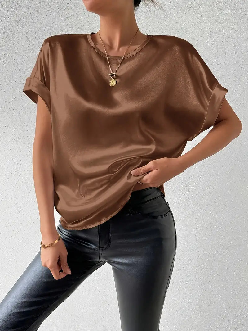 Caroline - Satin T-Shirt with turned-up sleeves for women
