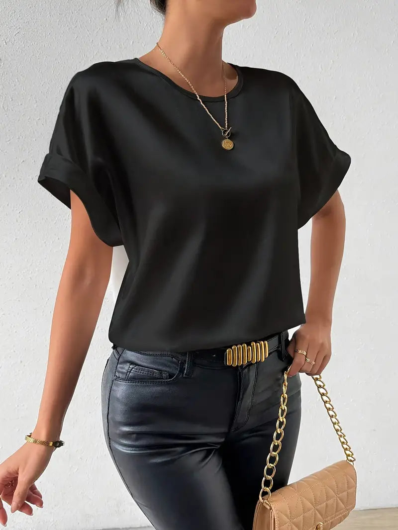 Caroline - Satin T-Shirt with turned-up sleeves for women