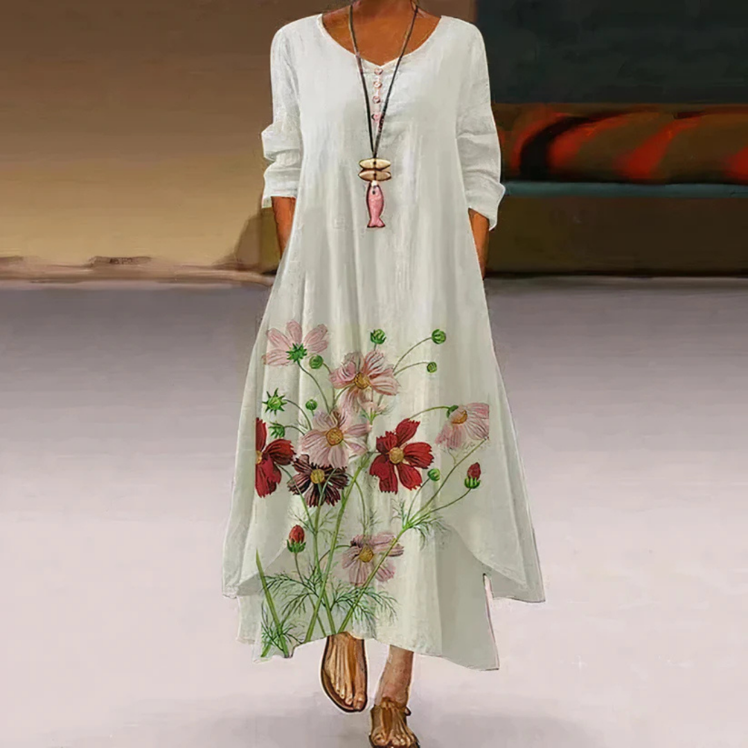 Women's Summer Double-Layer Long Sleeve Printed Dress | Maxi
