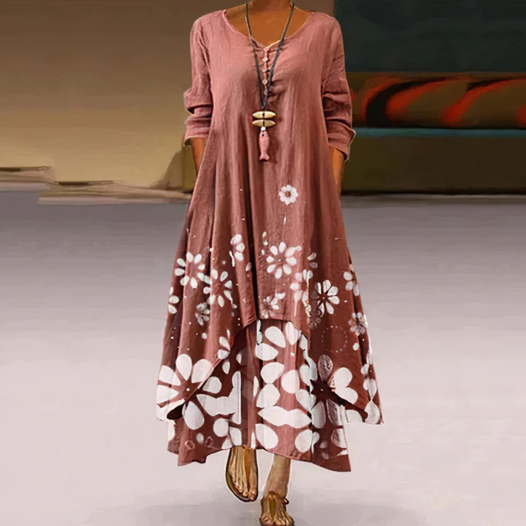 Women's Summer Double-Layer Long Sleeve Printed Dress | Maxi