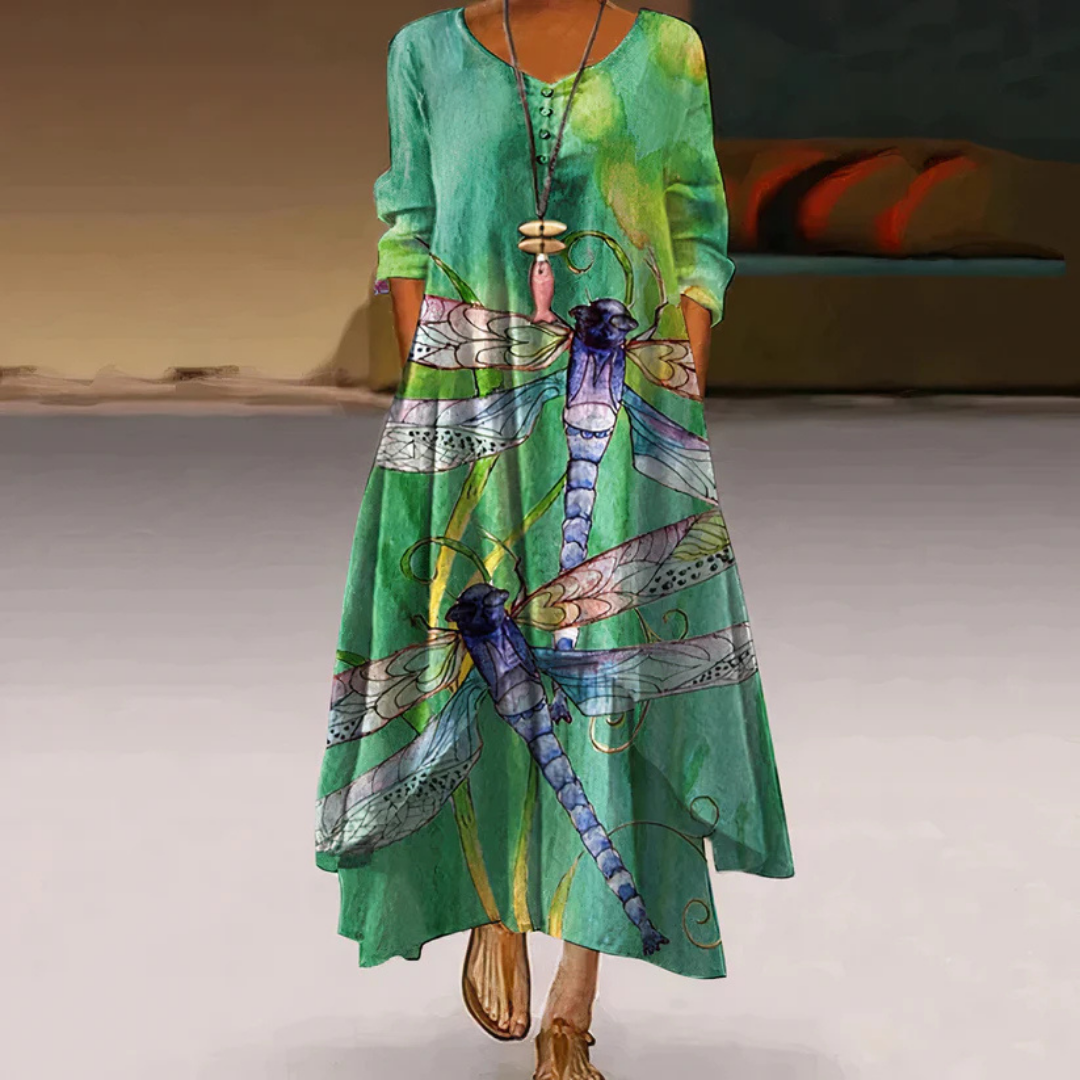 Women's Summer Double-Layer Long Sleeve Printed Dress | Maxi