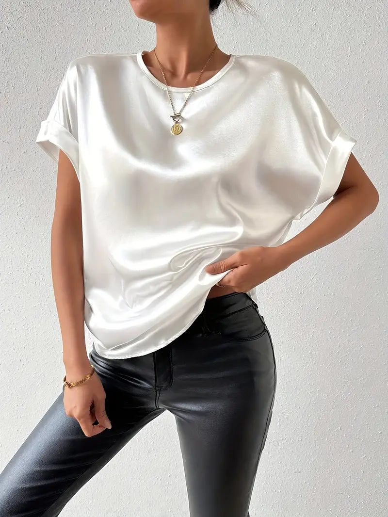 Caroline - Satin T-Shirt with turned-up sleeves for women