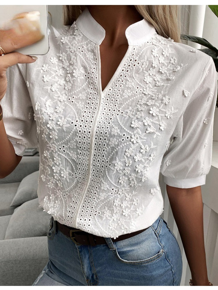 BellaVita™ – White Women's Blouse with Fashionable Puff Sleeves