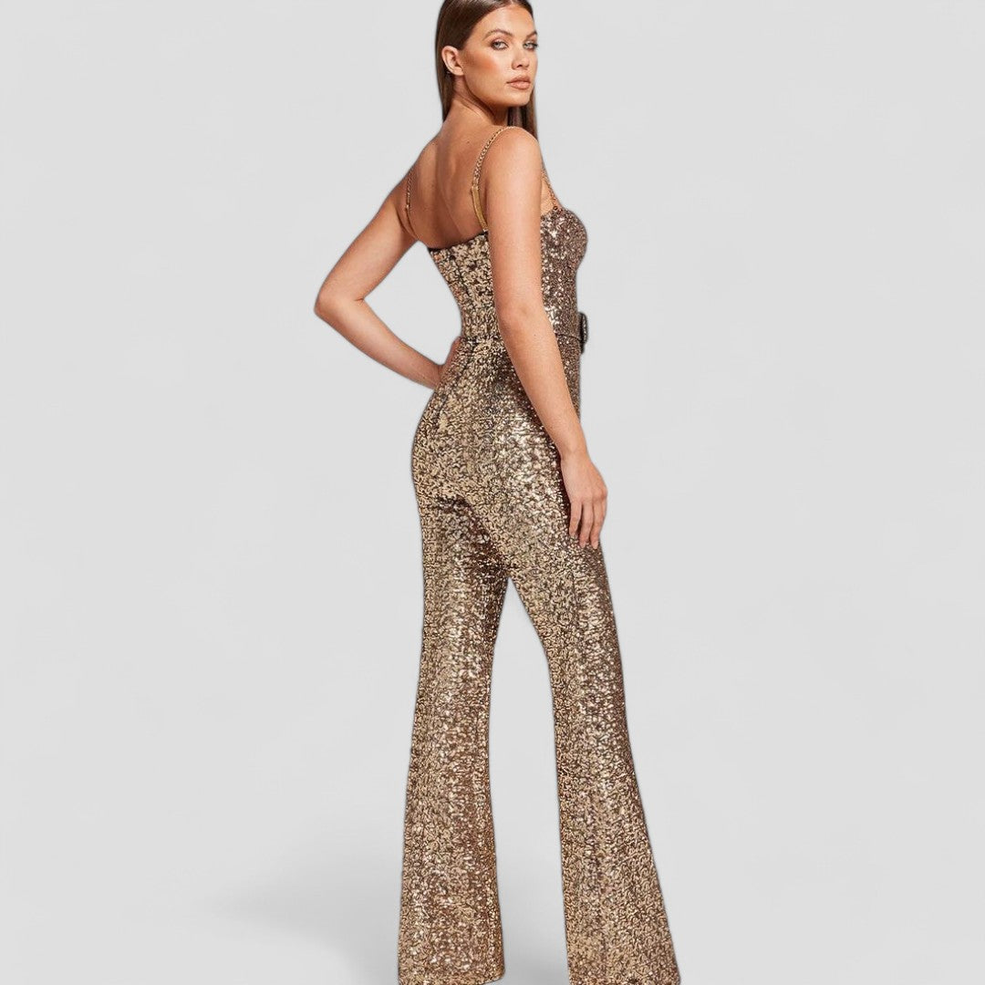 Women's Sequin Jumpsuit with Fitted Cut and Flared Legs for Festive Occasions