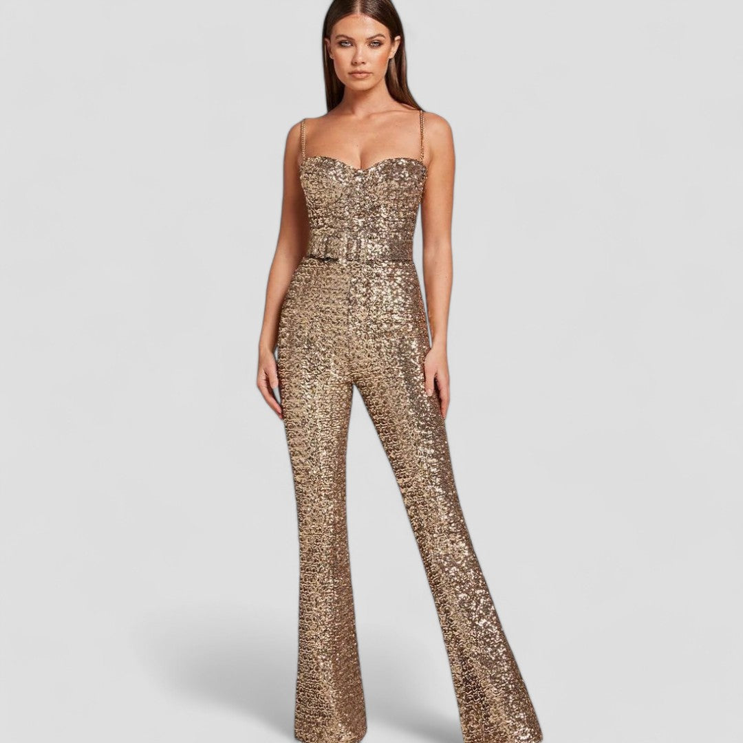 Women's Sequin Jumpsuit with Fitted Cut and Flared Legs for Festive Occasions