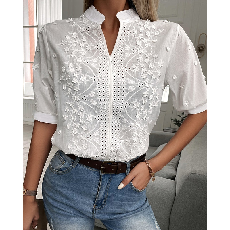 BellaVita™ – White Women's Blouse with Fashionable Puff Sleeves