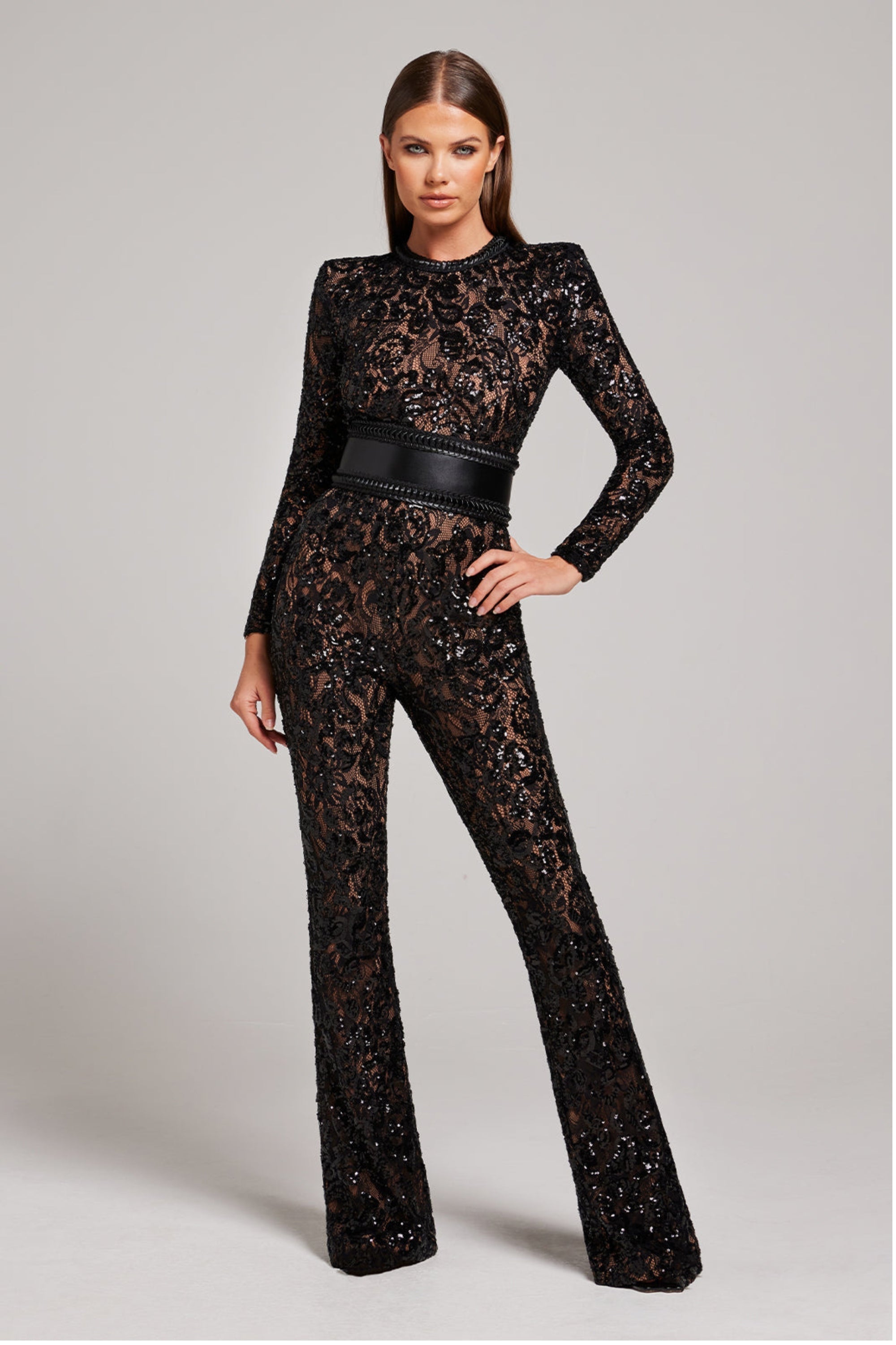 Women's jumpsuit with a fitted cut and lace details – wide-leg