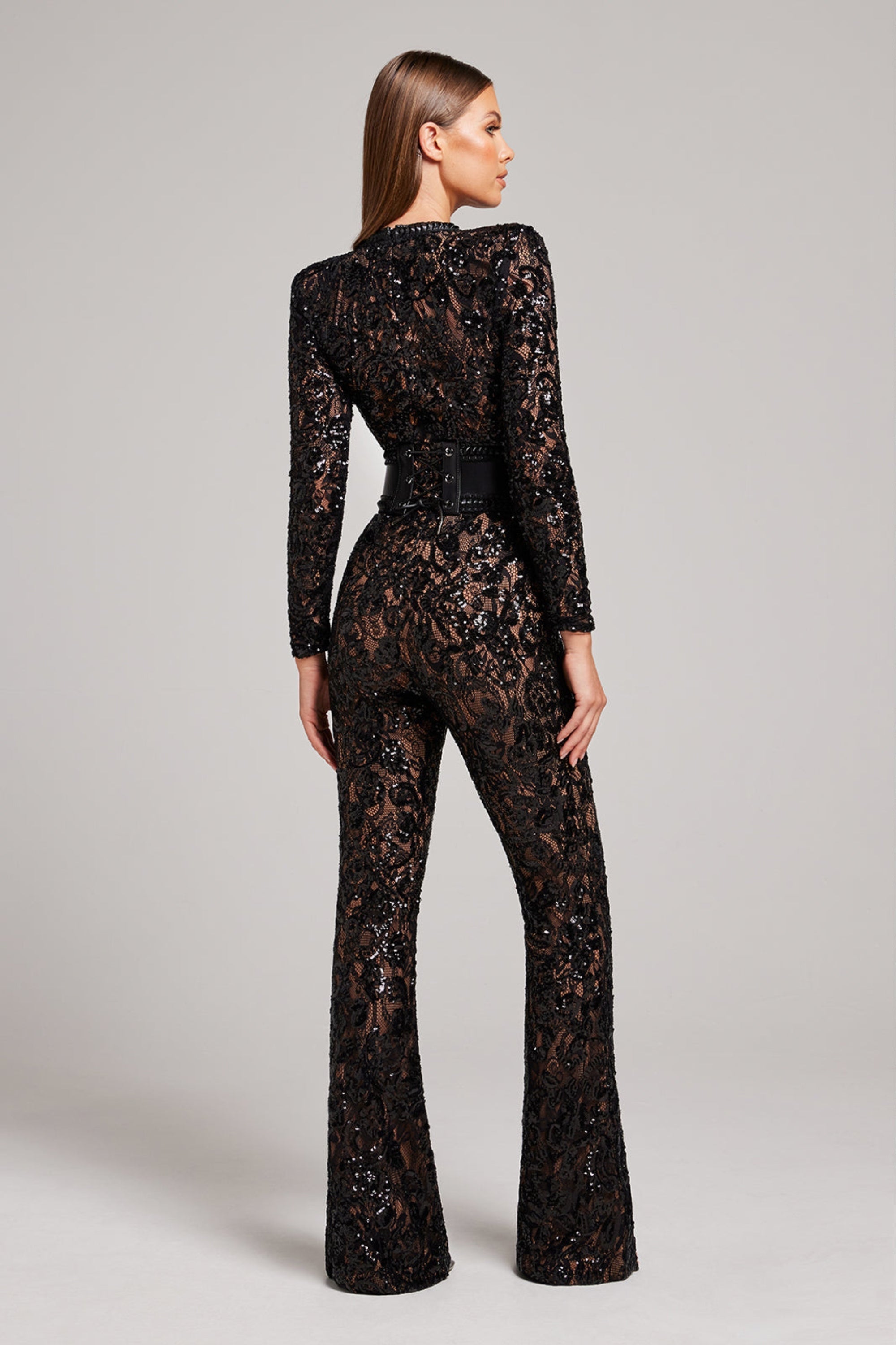 Women's jumpsuit with a fitted cut and lace details – wide-leg