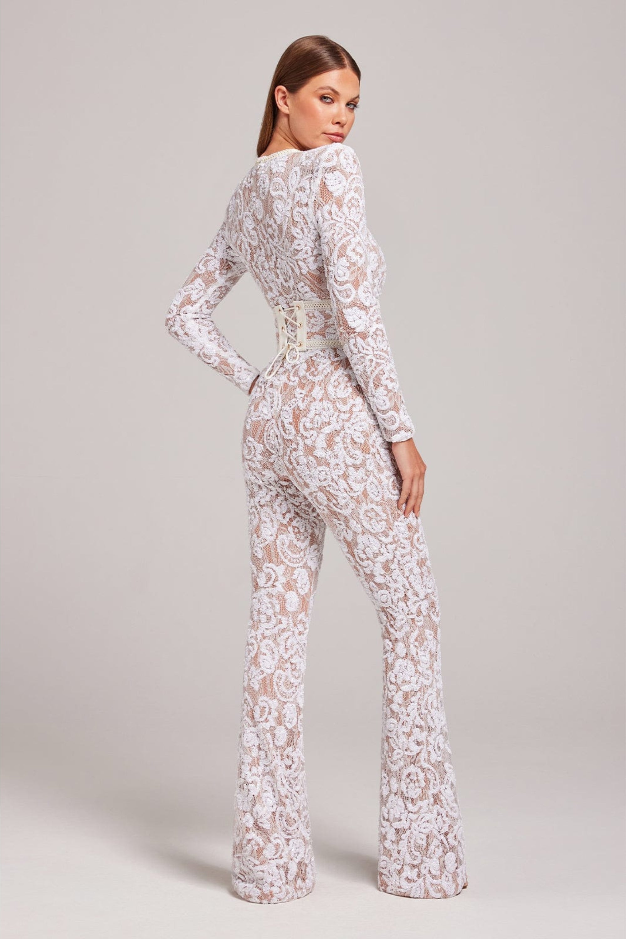 Women's jumpsuit with a fitted cut and lace details – wide-leg