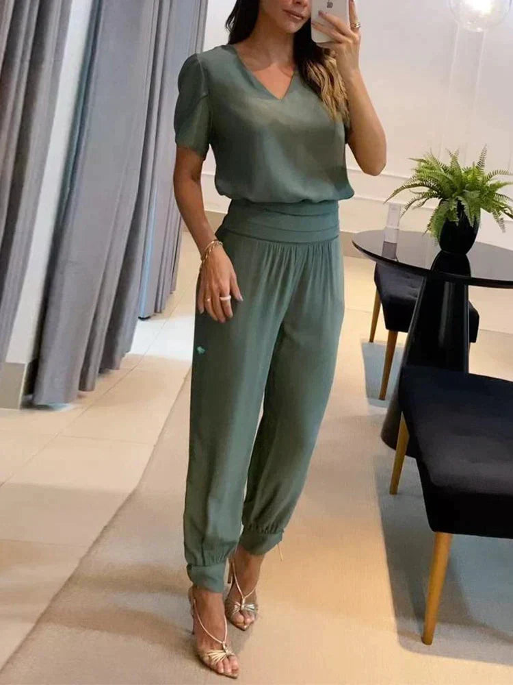 Two-Piece Set with V-Neck Top and Shorts for Women | Formal