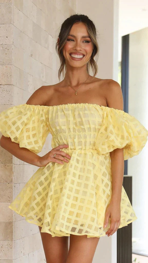Women's Mini Dress Strapless with Puff Sleeves and Elastic Neckline