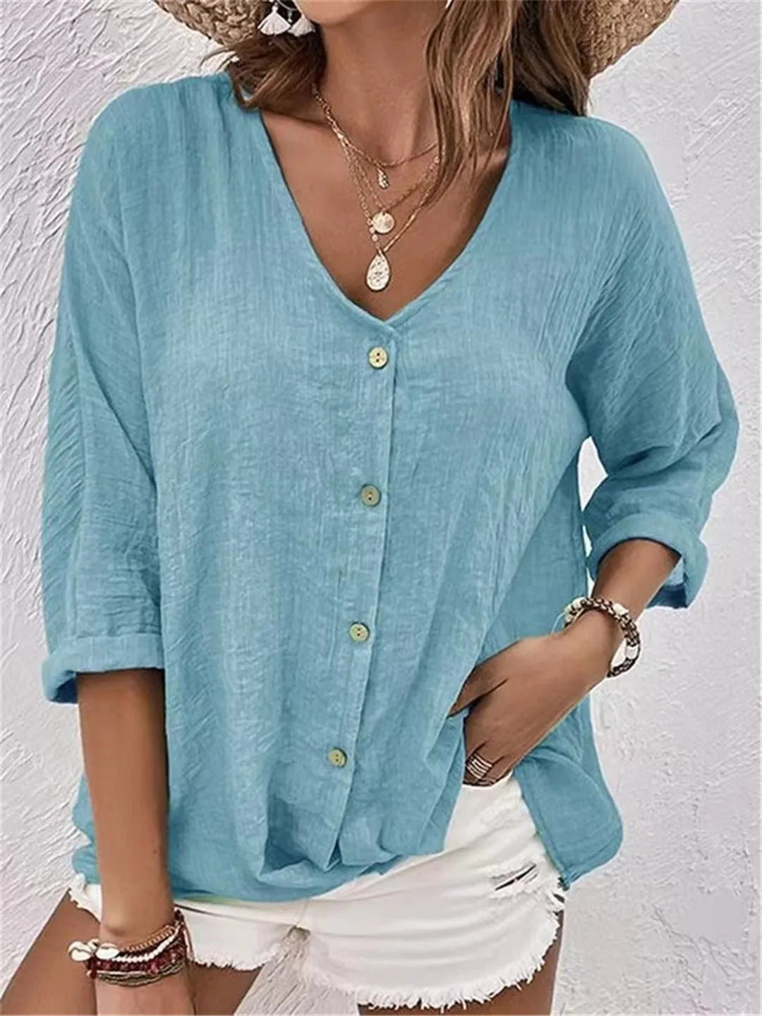Fayo™  Effortless Blouse Top with V-Neck and Button Placket