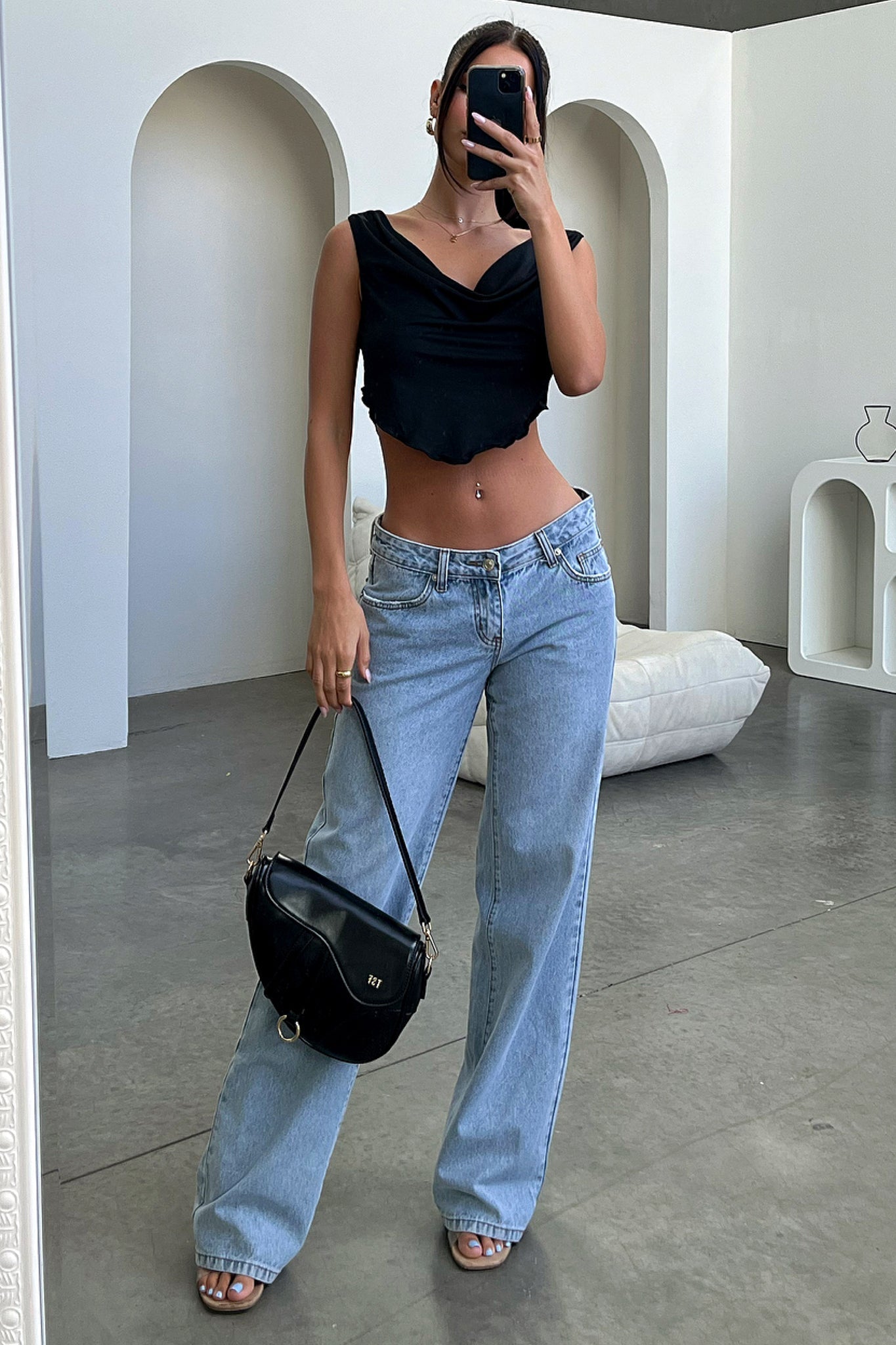 Women's low-rise wide-leg jeans in 2000s style