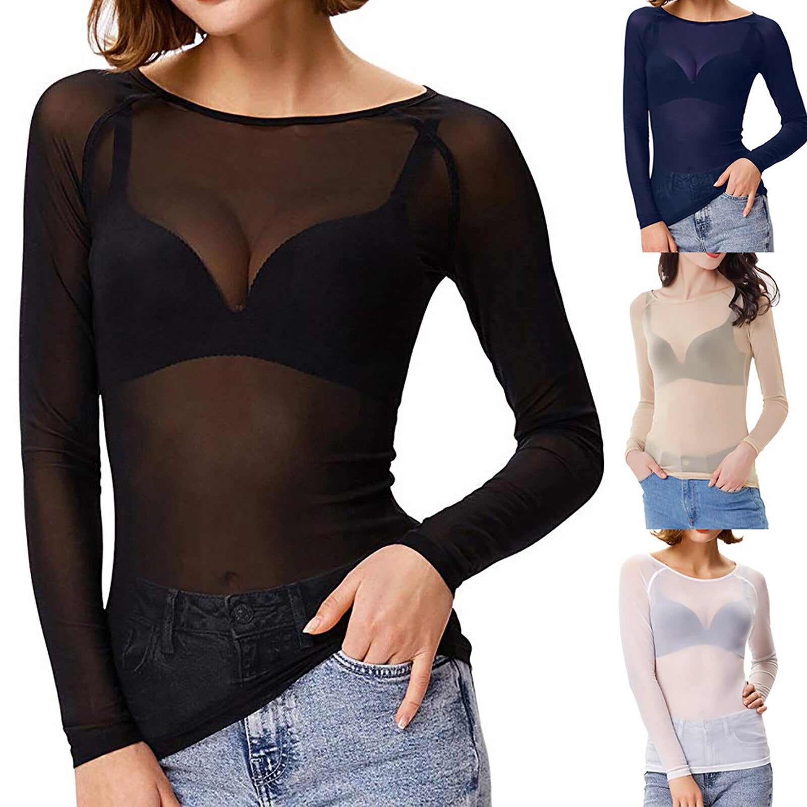 Valentina – Transparent Mesh Long-Sleeve Top for Women